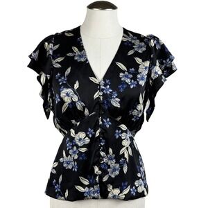 Veronica Beard Women's Polly Floral Blouse 4 Black Blue Ivory‎ Ruffle Sleeve Top